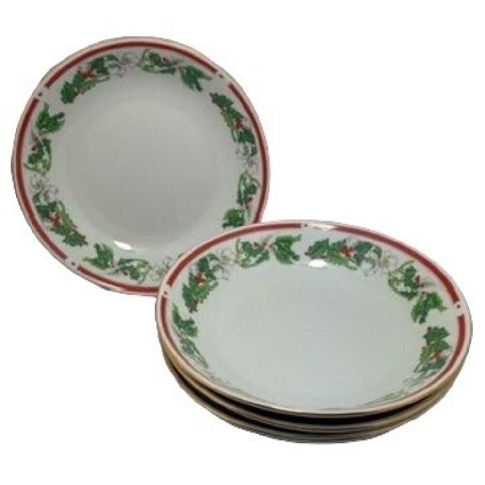 Vtg. Lynns Fine China St Maria Soup Cereal Bowl 4-Piece Set Christmas Dinnerware